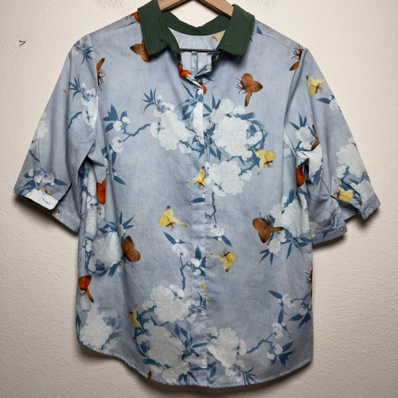 Tops - Women Cotton Top Large Blue Floral Butterfly Novelty Peter Pan Collar Preppy